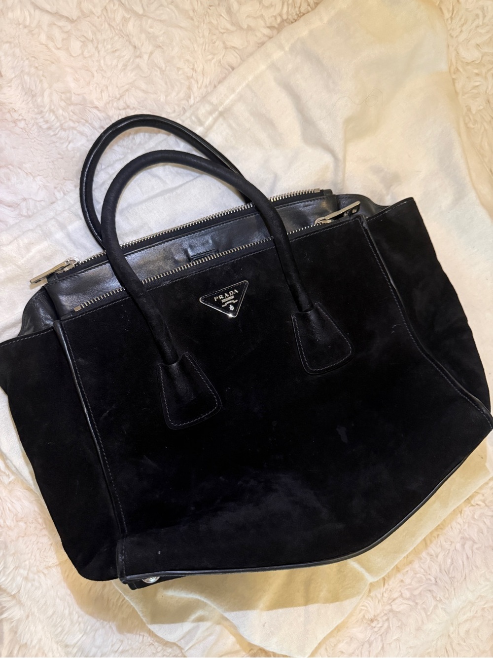 Prada Black Suede Twin Pocket Double Handle Bag | Original Box, Dust Bag & Strap